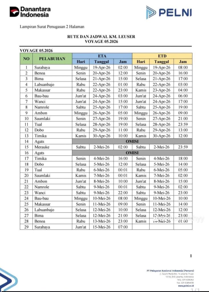 Jadwal Kapal Pelni KM Leuser Mei 2026 Dan Harga Tiketnya 1